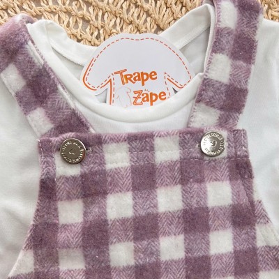 Conj. Blusa Manga Longa Cute e Salopete Xadrez em Lã - Lilás